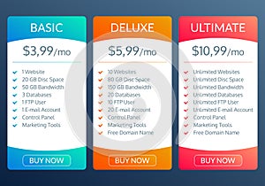 Price plan template. Pricing table for web hosting. Vector illustration.